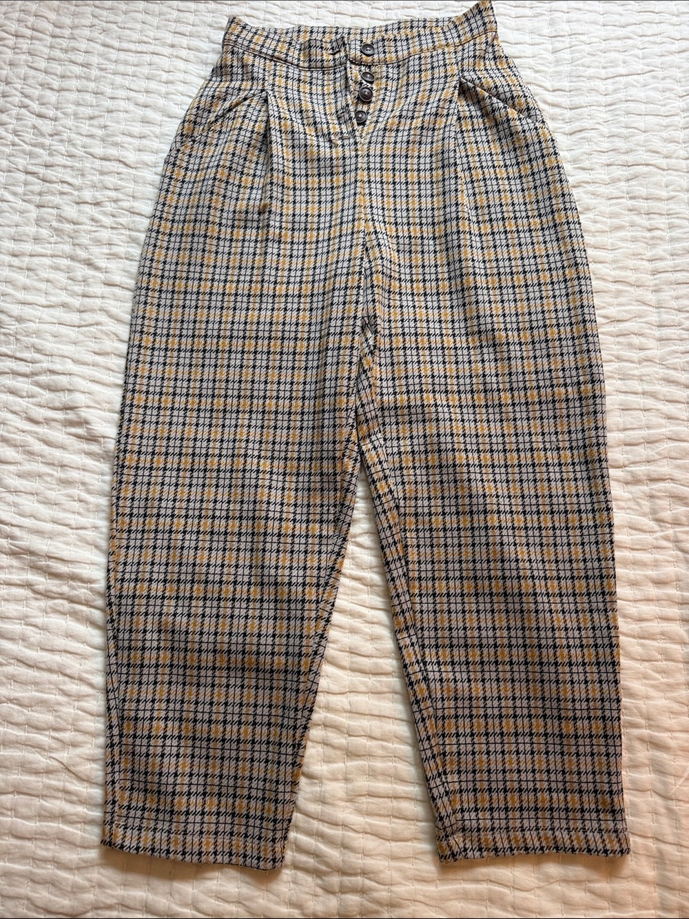 Free People High-Waist Plaid Tapered Trousers in Beige and Black